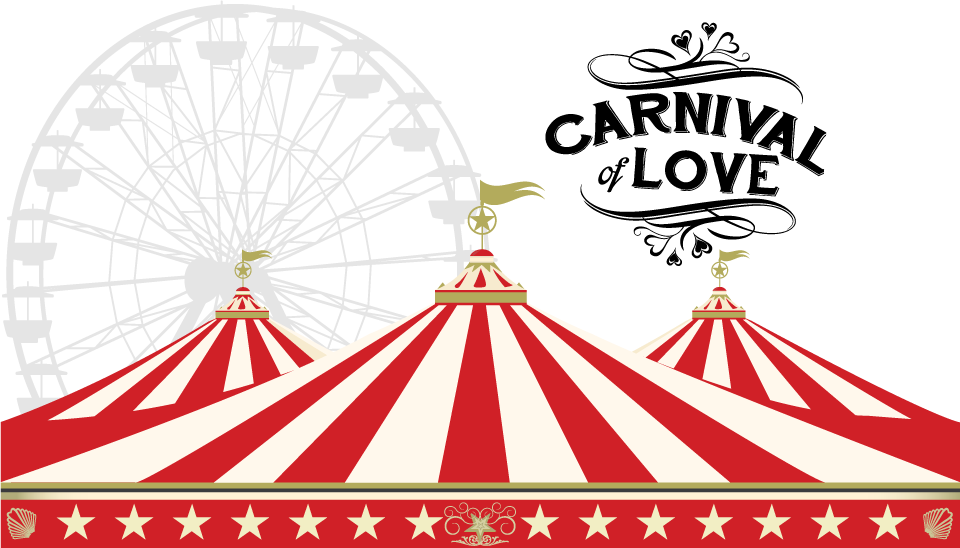 Big top tents, ferris wheel and Carnival of Love logo