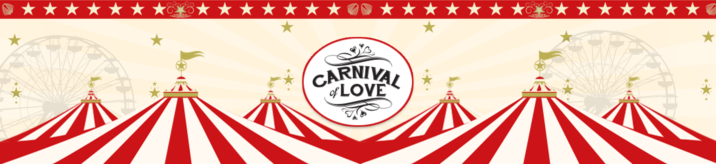 2023 Carnival of Love Gala graphic with Ferris wheel, tent tops, and golden starts and flags